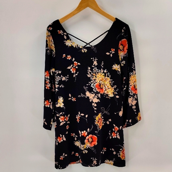Altar'd State Black Floral Mini Dress Size Large Criss Cross Back Long Sleeve - Picture 1 of 8